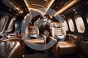 interior of a luxurious plane with leather seats and windows