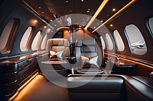 interior of a luxurious plane with leather seats and windows