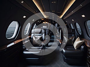 Interior of luxurious private jet with leat. ai generative