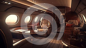 Interior of luxurious private jet with leather seats.