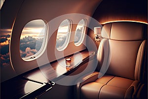 Interior of luxurious private jet with leather seats. Generative Ai