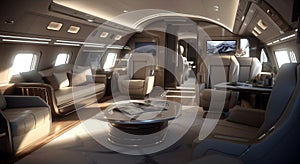 Interior of luxurious private jet with leather seats. Luxury interior in the modern business jet. Travel concept. Generative AI