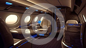 Interior of luxurious private jet with leather seats. Luxury interior in the modern business jet. Travel concept. Generative AI