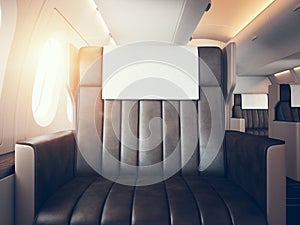 Interior of luxury airplane. Empty leather chair, sunlight. Horizontal mockup. 3d render