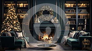 Interior of luxury art-deco living room with Christmas decor in green and gold. Blazing fireplace, wreath, garlands and