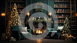 Interior of luxury art-deco living room with Christmas decor in green and gold. Blazing fireplace, wreath, garlands and