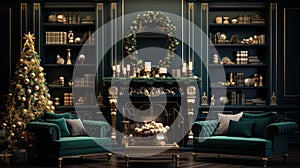 Interior of luxury art-deco living room with Christmas decor in green and gold. Blazing fireplace, wreath, garlands and