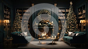Interior of luxury art-deco living room with Christmas decor in green and gold. Blazing fireplace, wreath, garlands and