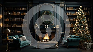 Interior of luxury art-deco living room with Christmas decor in green and gold. Blazing fireplace, wreath, garlands and