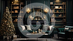 Interior of luxury art-deco living room with Christmas decor in green and gold. Blazing fireplace, wreath, garlands and