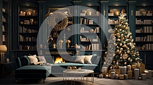 Interior of luxury art-deco living room with Christmas decoration. Blazing fireplace, garlands and candles, elegant