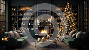 Interior of luxury art-deco living room with Christmas decoration. Blazing fireplace, garlands and candles, elegant