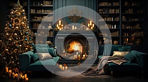 Interior of luxury art-deco living room with Christmas decoration. Blazing fireplace, garlands and candles, elegant