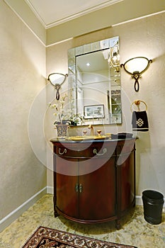 Interior of luxury bathroom vanity with golden sink