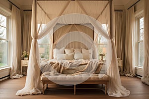 Interior of a luxury bedroom with big bed and beige curtains, A dreamy canopy bed draped with sheer fabric in a spacious bedroom,