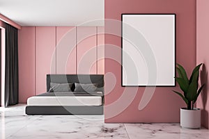 Pink bedroom interior, double bed, poster