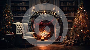 Interior of luxury classic living room with Christmas decor. Blazing fireplace and bookcases, wreath, garlands and