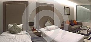 Interior of luxury double beds in hotel bedroom on Mittraphap Road, Nakhon Ratchasima