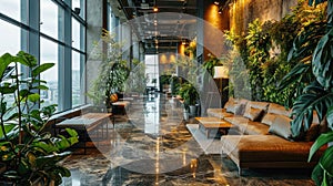 Interior of a luxury hotel lobby with sofas and plants