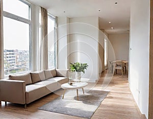 Interior of luxury hotel reception hall with wooden concrete floor and long wooden