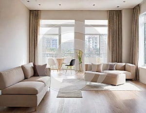 Interior of luxury hotel reception hall with wooden concrete floor and long wooden