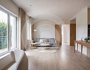 Interior of luxury hotel reception hall with wooden concrete floor and long wooden