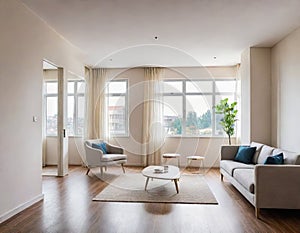 Interior of luxury hotel reception hall with wooden concrete floor and long wooden