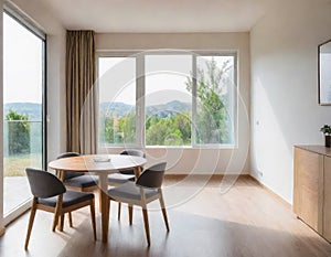 Interior of luxury hotel reception hall with wooden concrete floor and long wooden