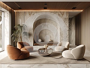 Interior of luxury living room with marble walls, tiled floor, beige armchairs and round coffee table. 3d rendering.