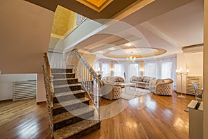 Interior of a luxury living room with round, circle, ceiling