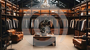 a interior of a luxury male wardrobe full of expensive suits, shoes and other clothes. boutique shop