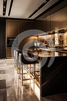 Interior of luxury and modern kitchen and dining room with dark brown marble walls, and countertop. Gold decorations