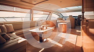 Interior of luxury motor yacht, furnishing decor of the salon area in a rich modern large sea boat design. Relaxation areas for