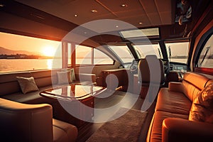 Interior of luxury motor yacht at sunset.