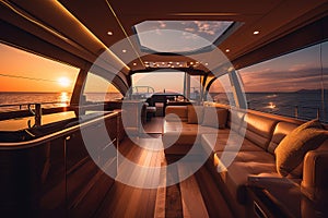 Interior of luxury motor yacht at sunset.