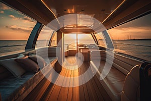Interior of luxury motor yacht at sunset.
