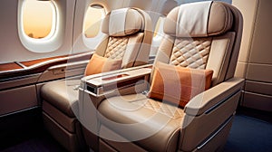 Interior of luxury private airplane with empty leather chairs