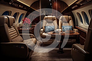 Interior from a luxury private jet. Generative AI