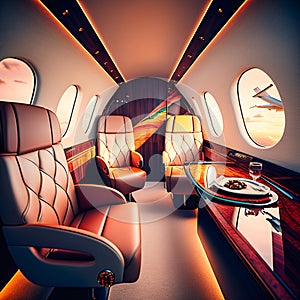 Interior of a luxury private jet with leather seat, generative AI