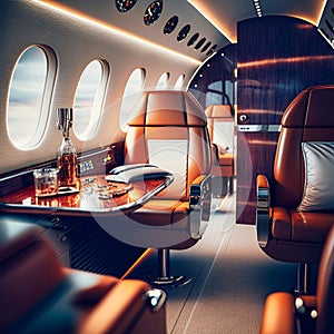 Interior of a luxury private jet with leather seat, generative AI