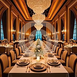 Interior of a luxury restaurant. Table set for an event party or wedding reception