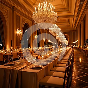 Interior of a luxury restaurant. Table set for an event party or wedding reception