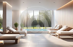 interior of luxury spa salon with bath tub, neutral wooden colors, big windows, fresh plants