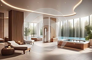 interior of luxury spa salon with bath tub, neutral wooden colors, big windows, fresh plants