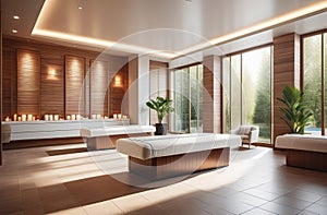 interior of luxury spa salon with bath tub, neutral wooden colors, big windows, fresh plants