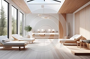 interior of luxury spa salon with bath tub, neutral wooden colors, big windows, fresh plants