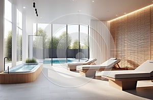 interior of luxury spa salon with bath tub, neutral wooden colors, big windows, fresh plants