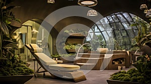Interior of luxury spa salon in eco style, treatment area decorated with live plants. photo