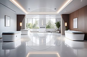 interior of luxury spa salon with a pool, neutral white colors, big windows, fresh plants