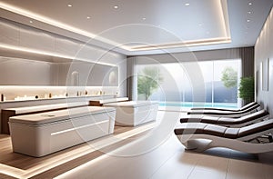 interior of luxury spa salon with a pool, neutral white colors, big windows, fresh plants